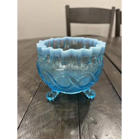 Other - Northwood 3‎ Footed Glass Beaded Cable Rosebowl Light Blue Opal Crimped